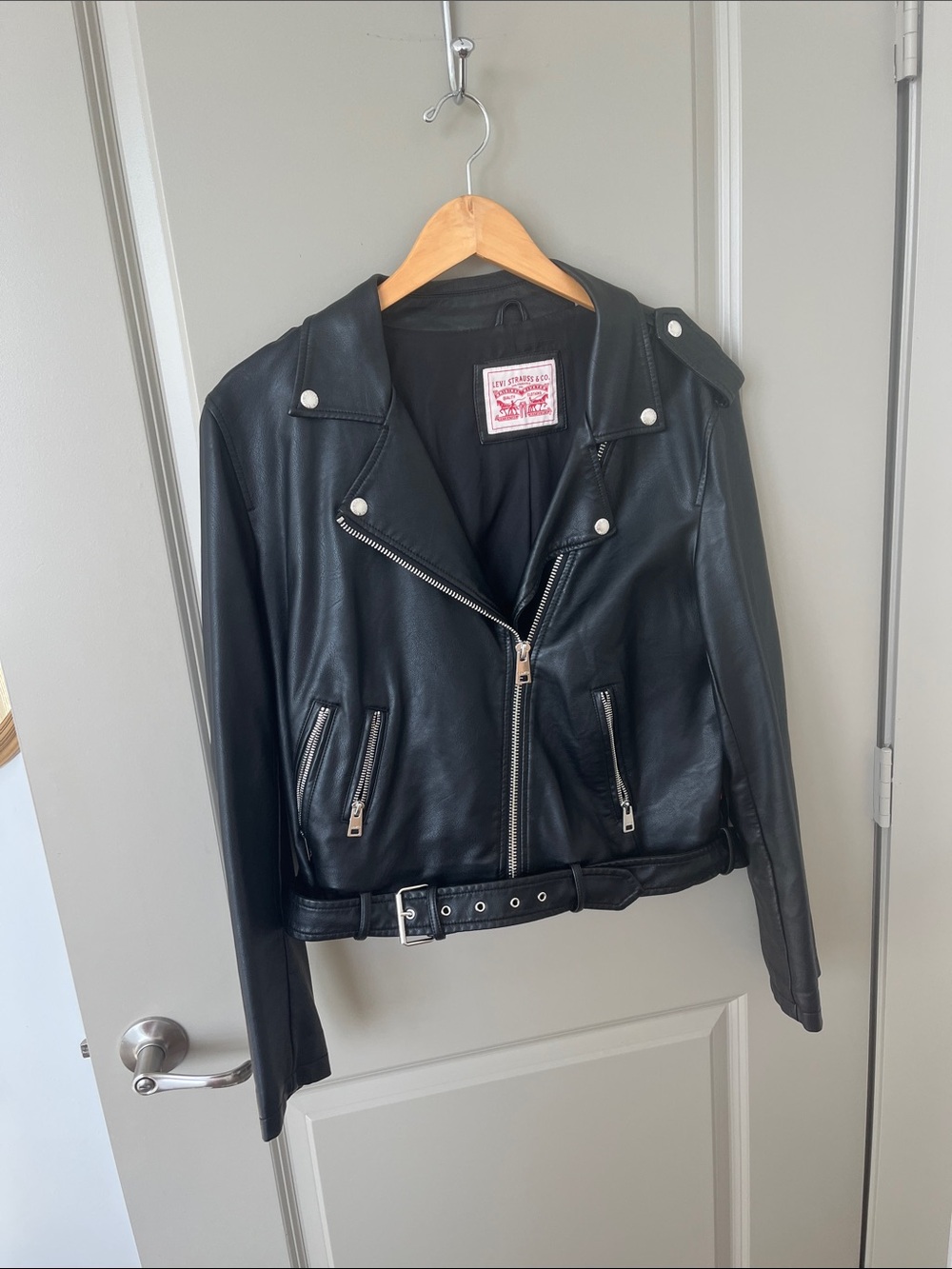 Levi's Black pleather Moto Jacket with Belted Hem
